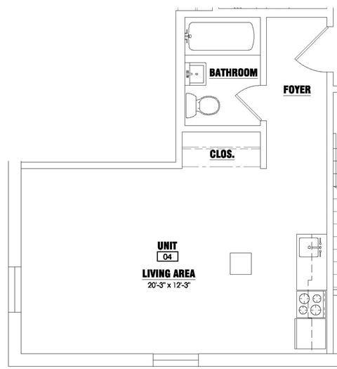 Floor plan for studio, 1 bath, 373 sqft